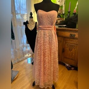 Vintage Light Pink Strapless Lace Fit and Flare Dress Back Bow 1950s Style